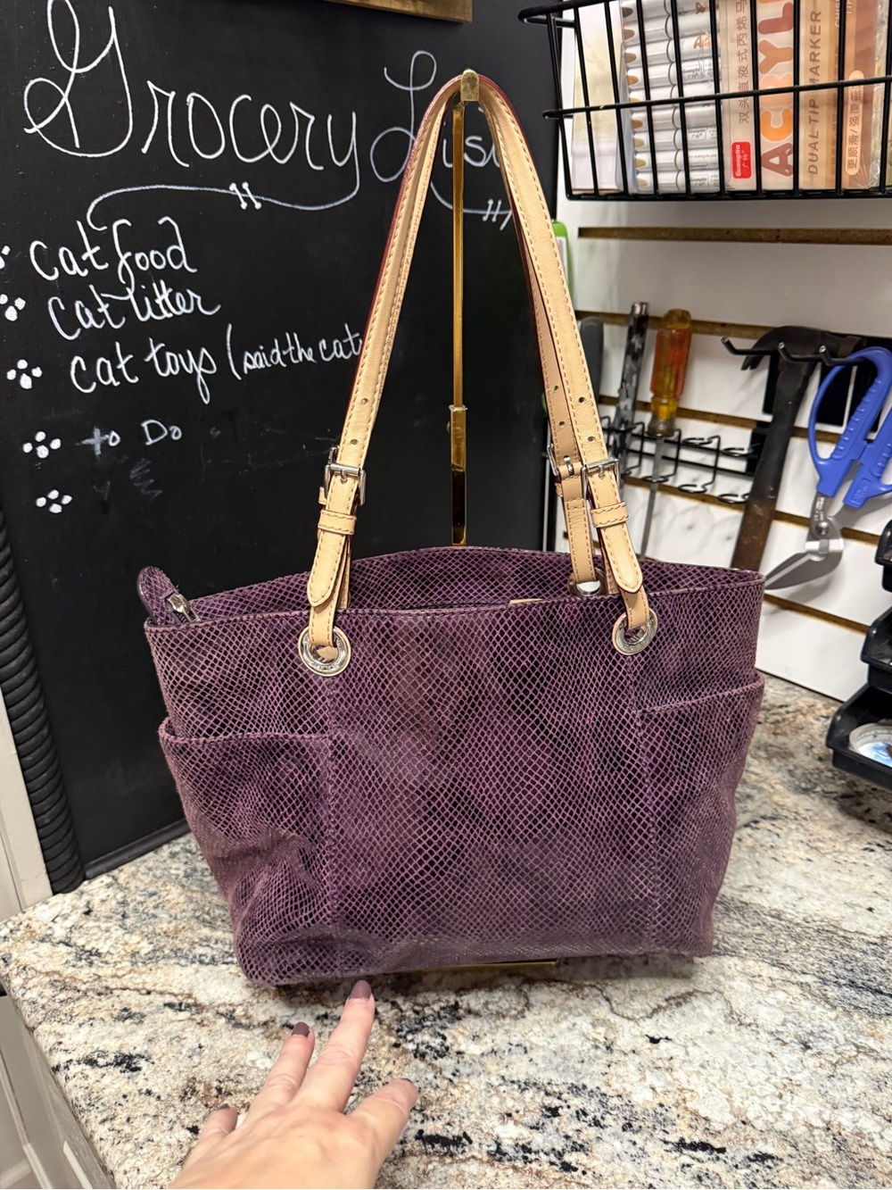 Michael Kors Purple leather python embossed Tote with Tan Leather Handles - Picture 4 of 8